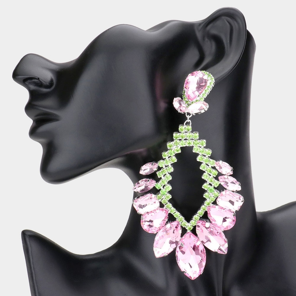 Pink & Green Rhinestone Crystal Dangle Earrings 4.75" Cluster Statement Evening